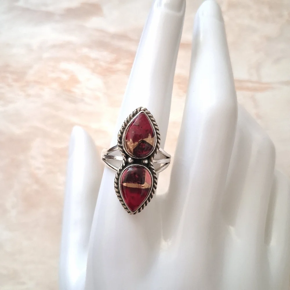 Artisan Handmade Red Rose Dahlia Turquoise 925 Sterling Silver Ring 8 1/2 - Picture 2 of 7